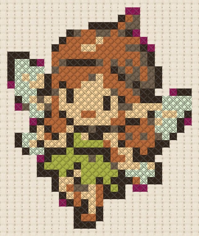Acorn fairy finished in cross stitch on Aida cloth