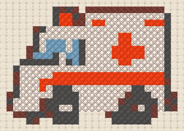 Ambulance finished in cross stitch on Aida cloth