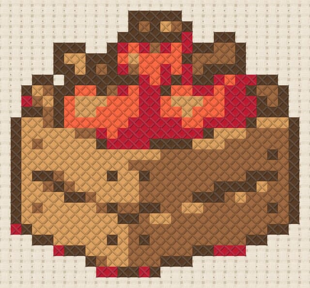 Apple crate finished in cross stitch on Aida cloth