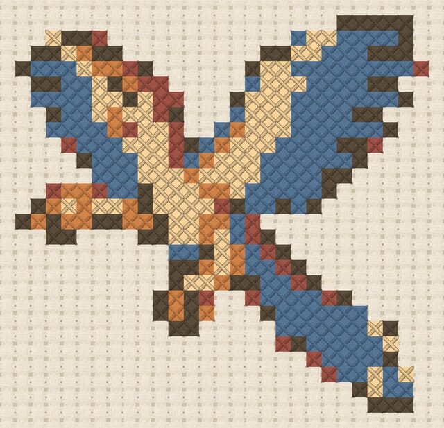 Archaeopteryx finished in cross stitch on Aida cloth