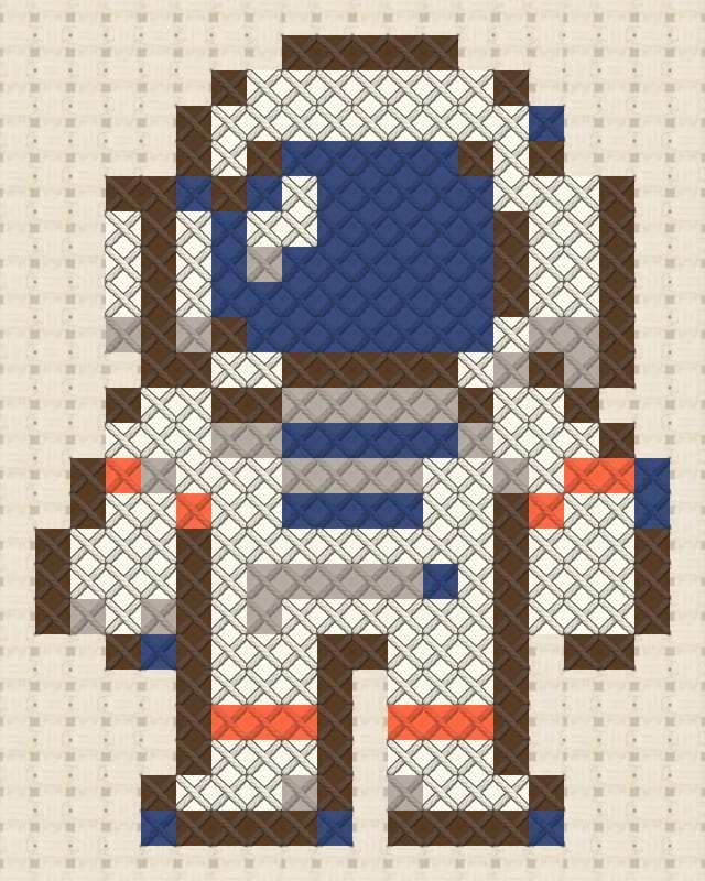 Astronaut finished in cross stitch on Aida cloth