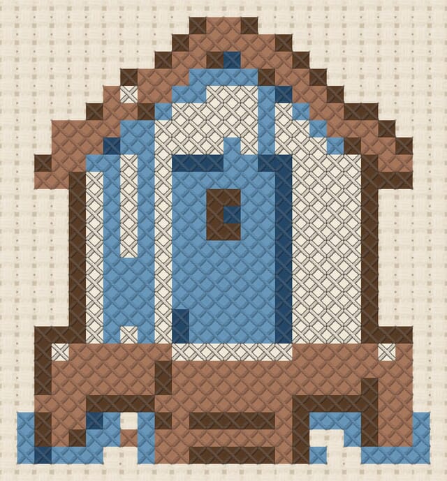 Beach hut finished in cross stitch on Aida cloth