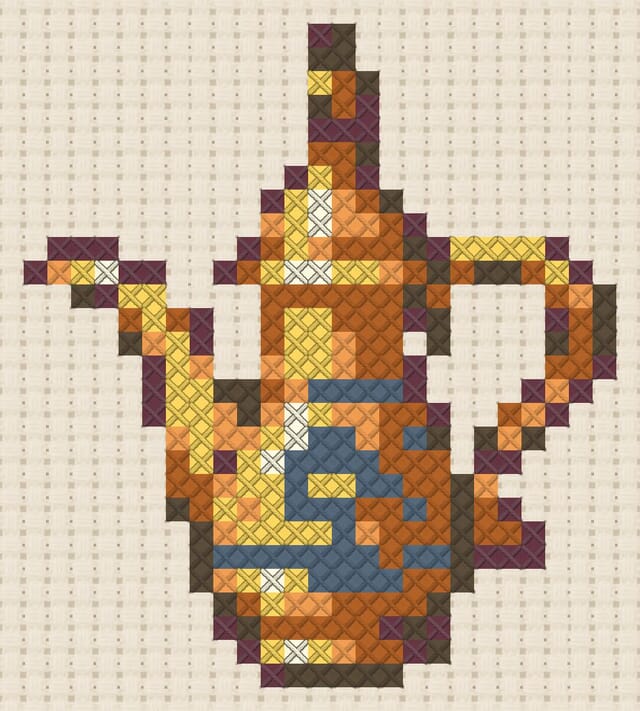 Bedouin teapot finished in cross stitch on Aida cloth