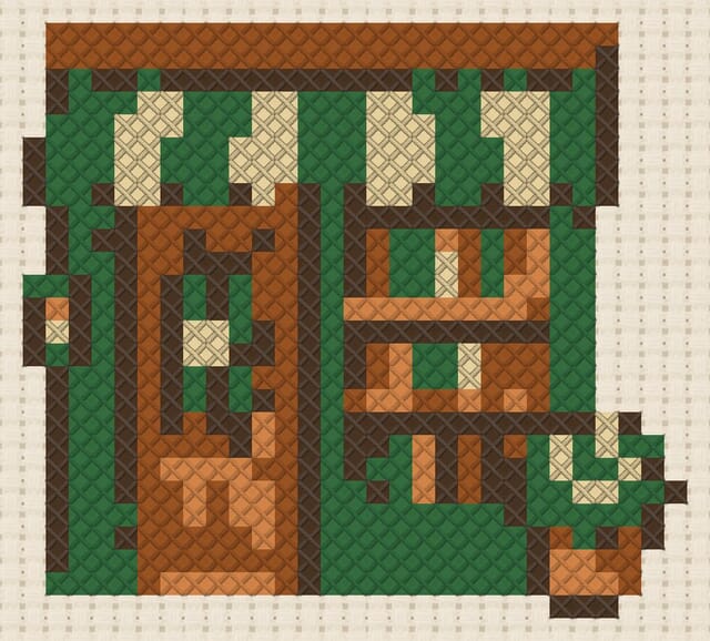 Bookshop finished in cross stitch on Aida cloth