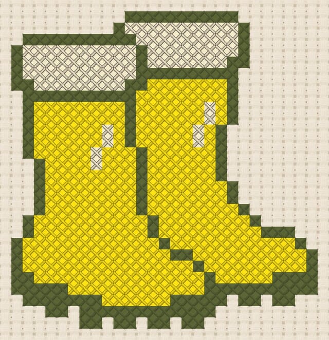Rain boots finished in cross stitch on Aida cloth