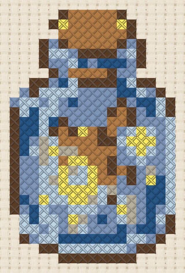 Bottled firefly finished in cross stitch on Aida cloth