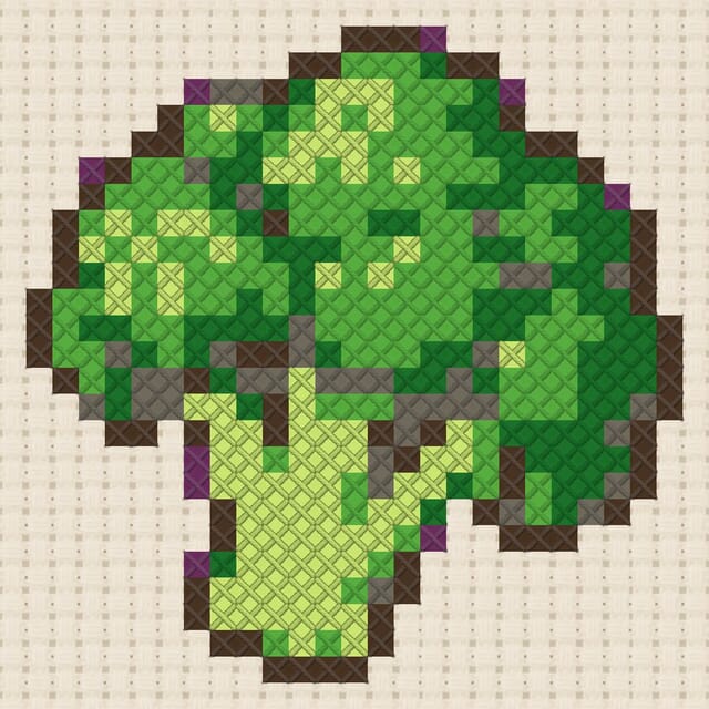 Broccoli finished in cross stitch on Aida cloth