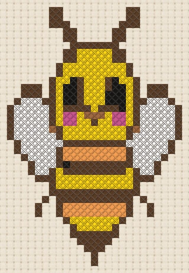 Bumblebee finished in cross stitch on Aida cloth