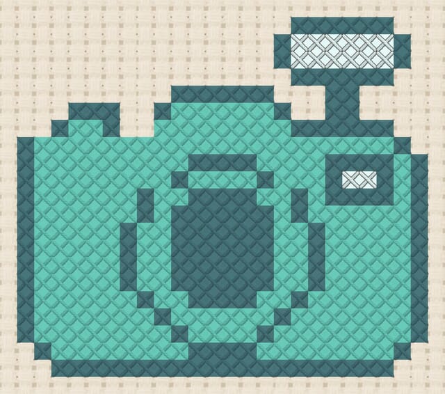 Camera finished in cross stitch on Aida cloth