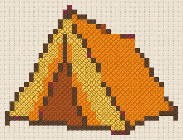 Camp tent finished in cross stitch on Aida cloth