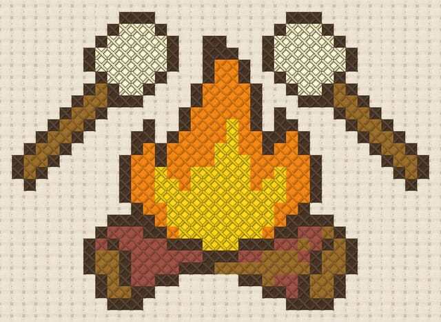 Campfire with marshmallows finished in cross stitch on Aida cloth