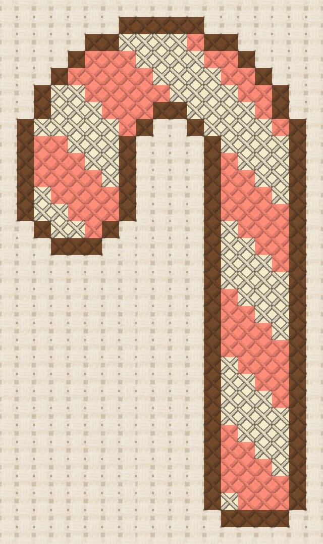 Candy cane finished in cross stitch on Aida cloth