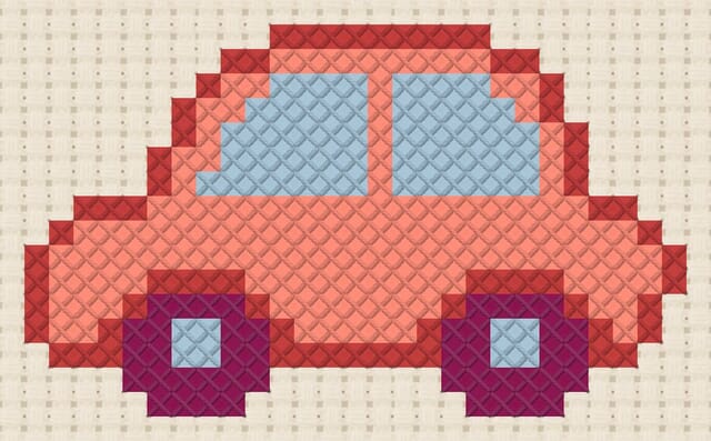Car finished in cross stitch on Aida cloth