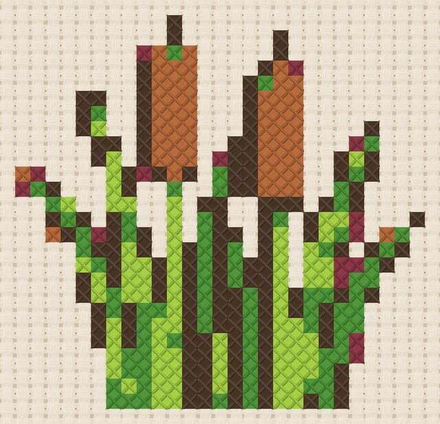 Cattails finished in cross stitch on Aida cloth