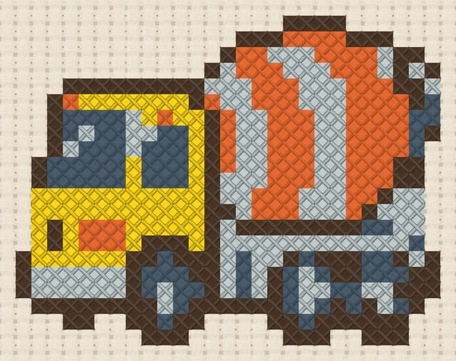 Cement mixer finished in cross stitch on Aida cloth