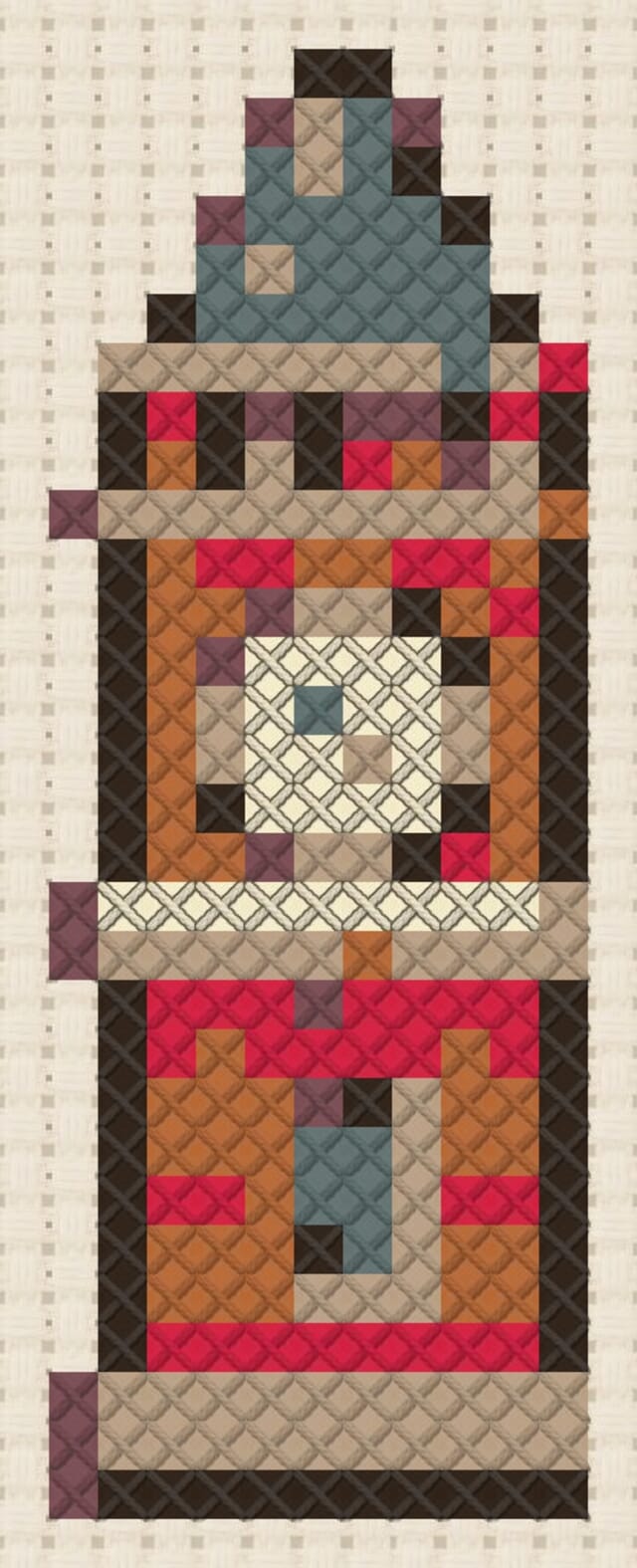 Clock tower finished in cross stitch on Aida cloth