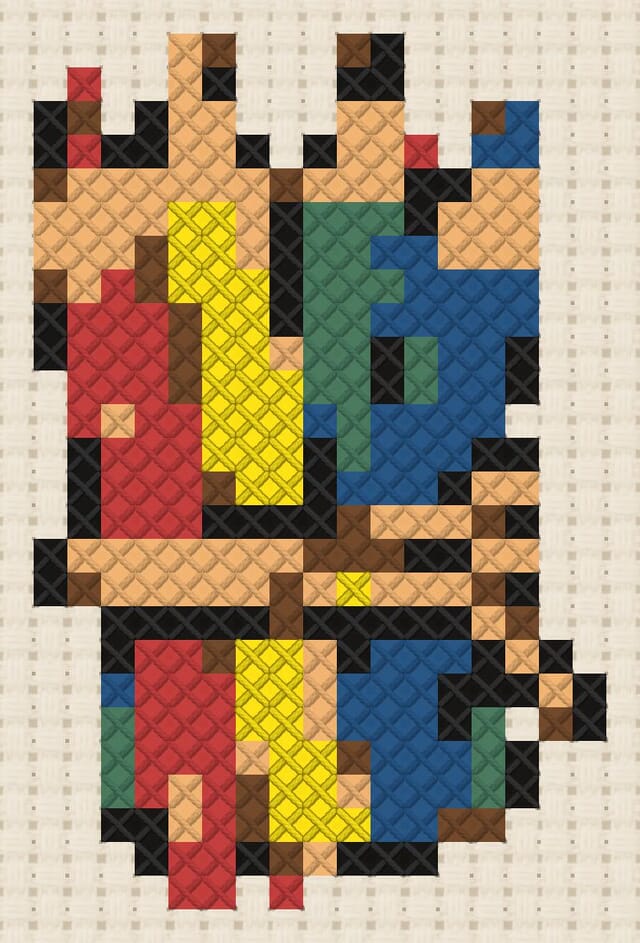 Colored pencils finished in cross stitch on Aida cloth