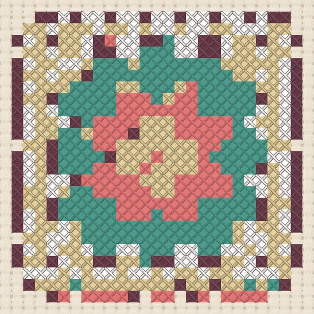 Crocheted granny square finished in cross stitch on Aida cloth