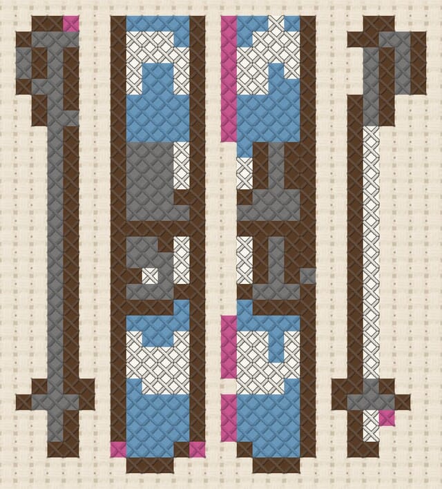 Cross-country skis finished in cross stitch on Aida cloth