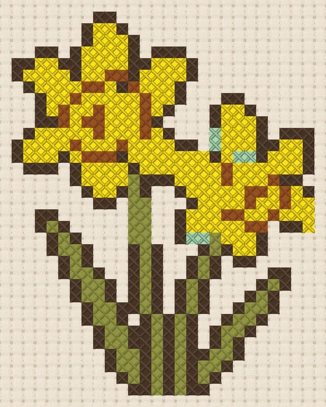 Daffodils finished in cross stitch on Aida cloth