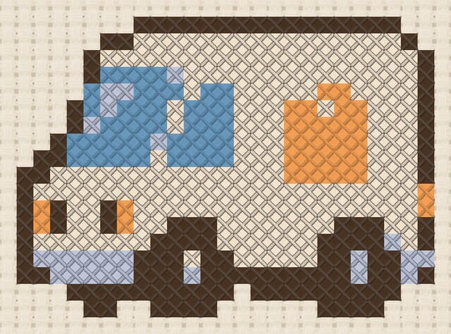 Delivery van finished in cross stitch on Aida cloth