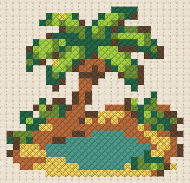 Desert oasis finished in cross stitch on Aida cloth
