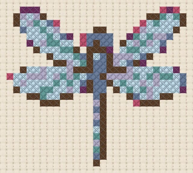 Dragonfly finished in cross stitch on Aida cloth