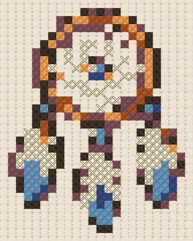 Dream catcher finished in cross stitch on Aida cloth