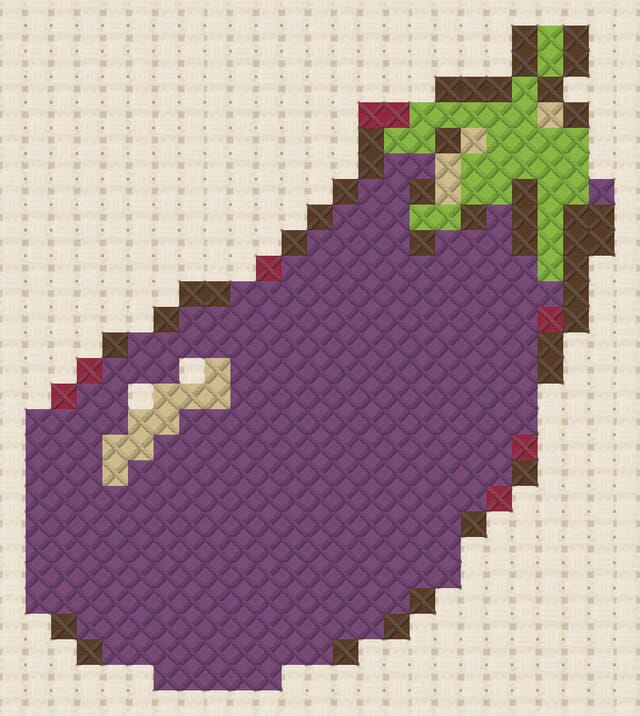 Eggplant finished in cross stitch on Aida cloth