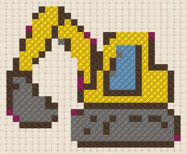 Excavator finished in cross stitch on Aida cloth