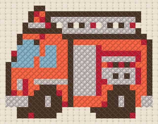 Fire engine finished in cross stitch on Aida cloth