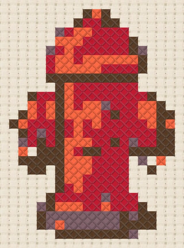 Fire hydrant finished in cross stitch on Aida cloth