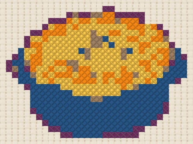 Fish pie finished in cross stitch on Aida cloth