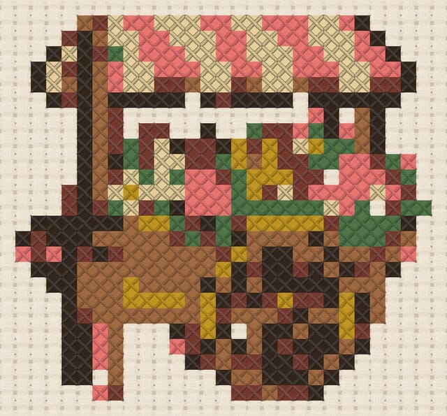 Flower cart finished in cross stitch on Aida cloth