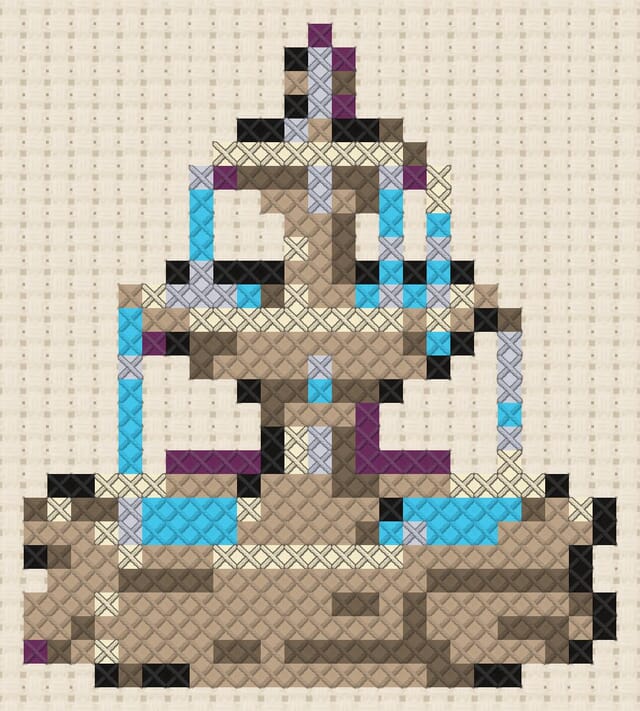 Fountain finished in cross stitch on Aida cloth