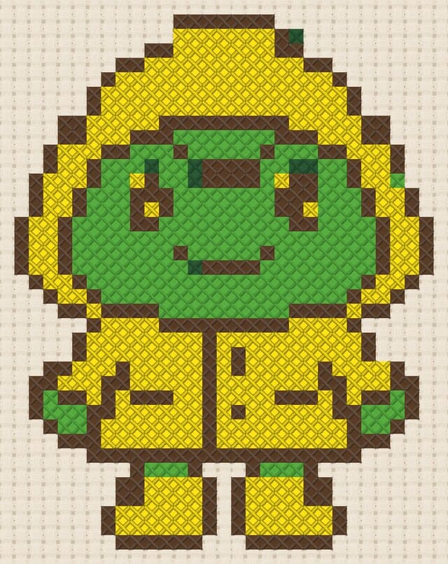 Frog in a raincoat finished in cross stitch on Aida cloth