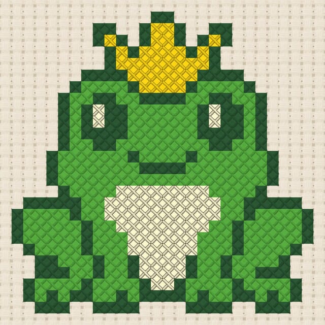 Frog prince finished in cross stitch on Aida cloth