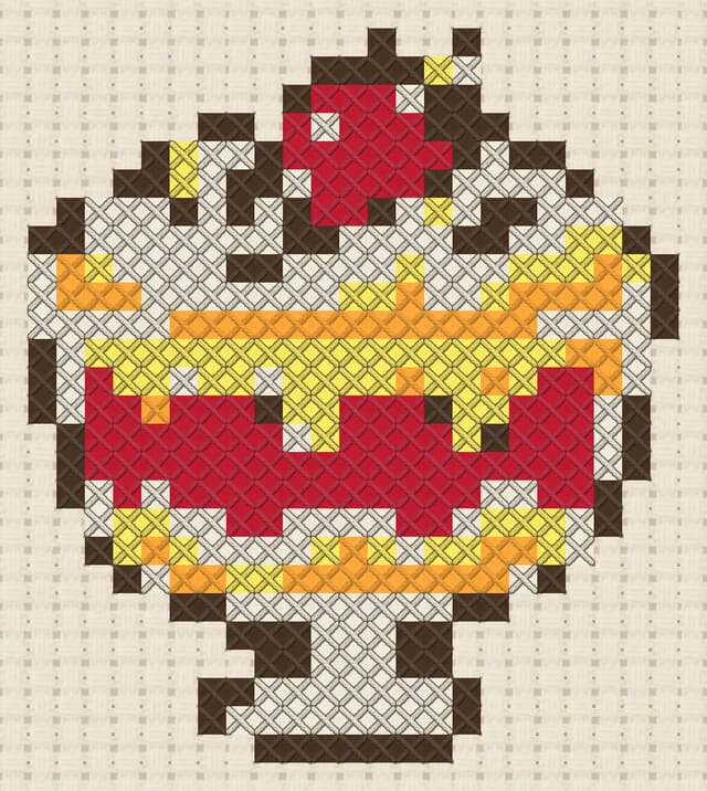 Fruit trifle finished in cross stitch on Aida cloth