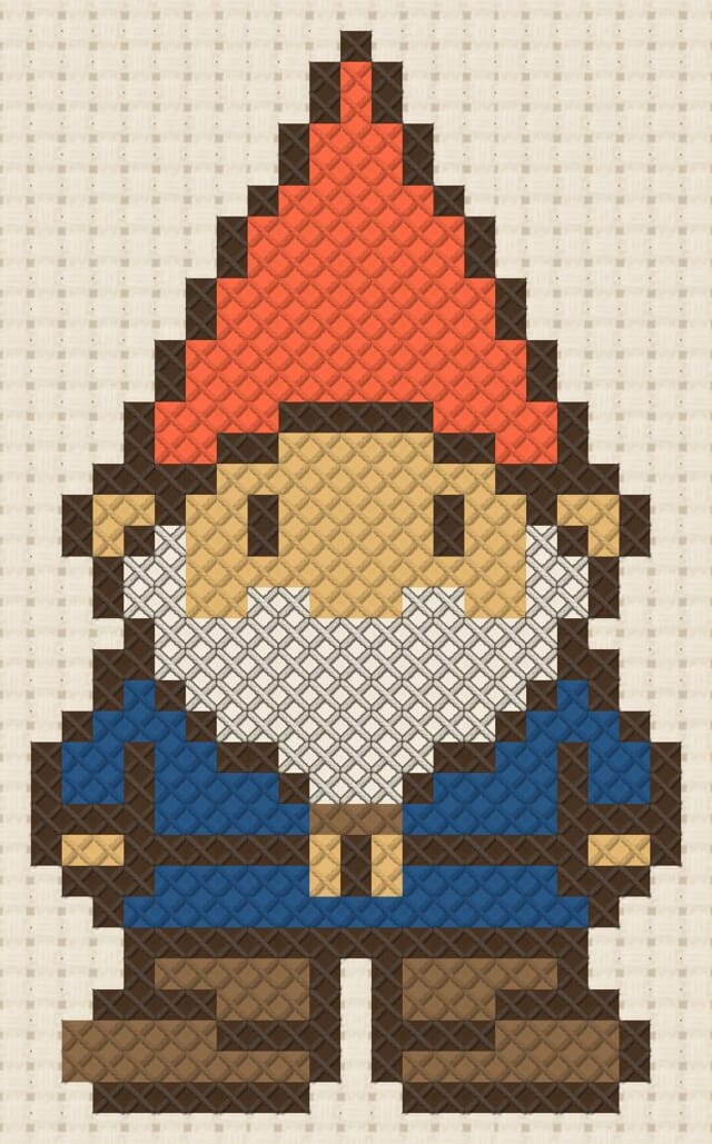 Garden gnome finished in cross stitch on Aida cloth