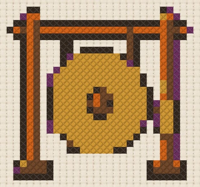 Garden gong finished in cross stitch on Aida cloth