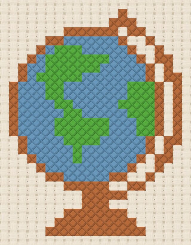 Globe finished in cross stitch on Aida cloth