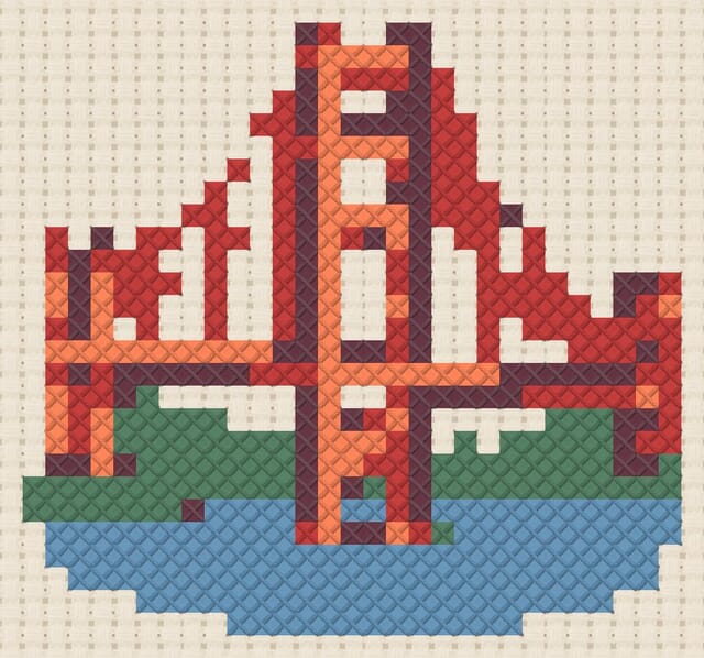Golden Gate finished in cross stitch on Aida cloth