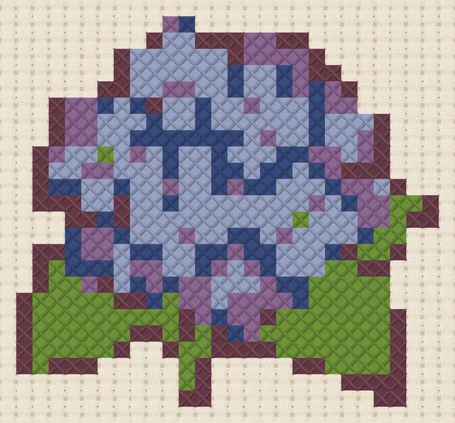 Hydrangea finished in cross stitch on Aida cloth