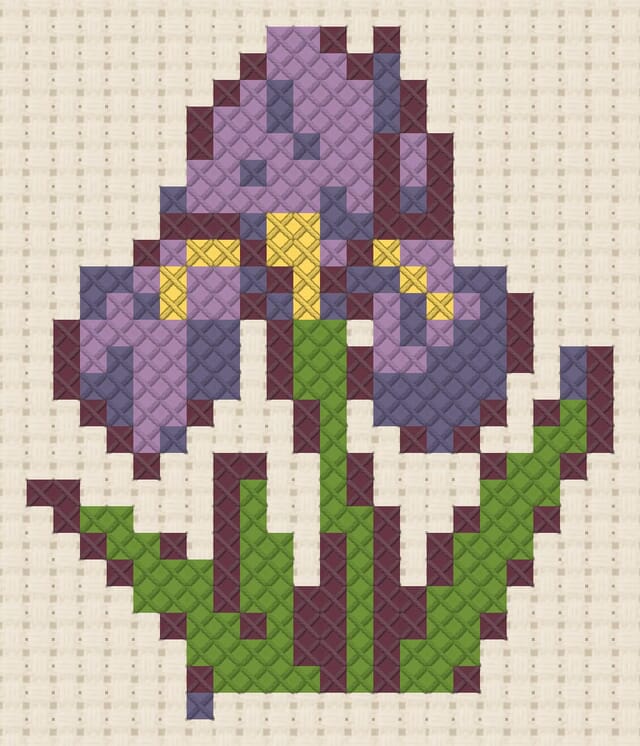 Iris finished in cross stitch on Aida cloth