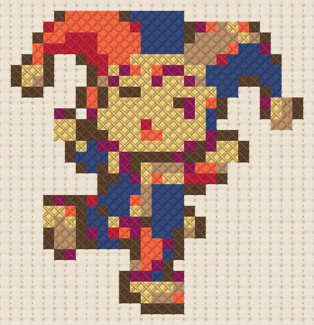 Jester finished in cross stitch on Aida cloth