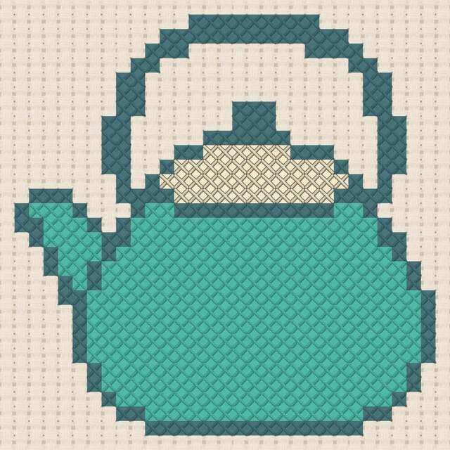 Kettle finished in cross stitch on Aida cloth