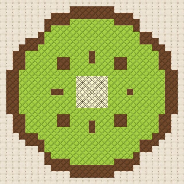 Kiwi slice finished in cross stitch on Aida cloth