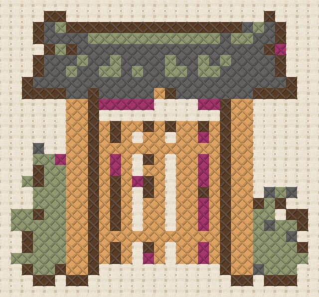 Lattice gate finished in cross stitch on Aida cloth