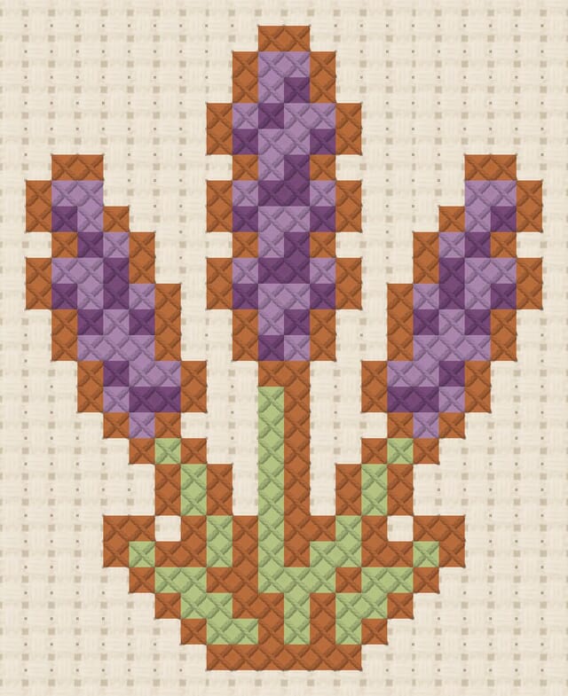 Lavender finished in cross stitch on Aida cloth