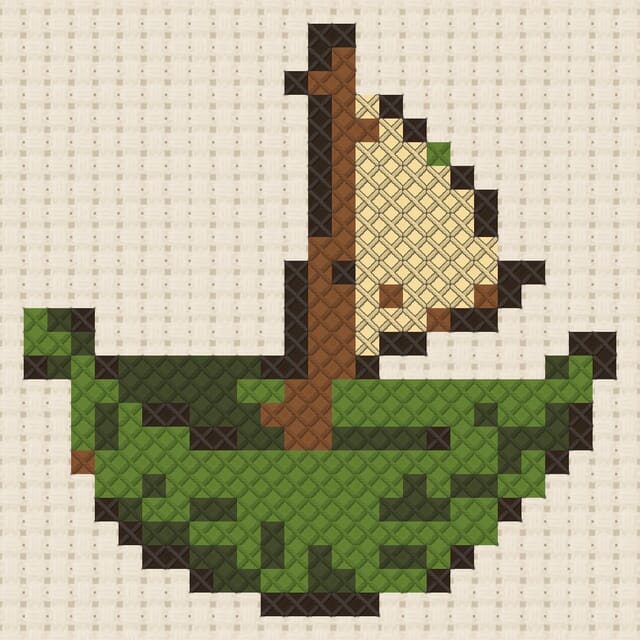 Leaf boat finished in cross stitch on Aida cloth